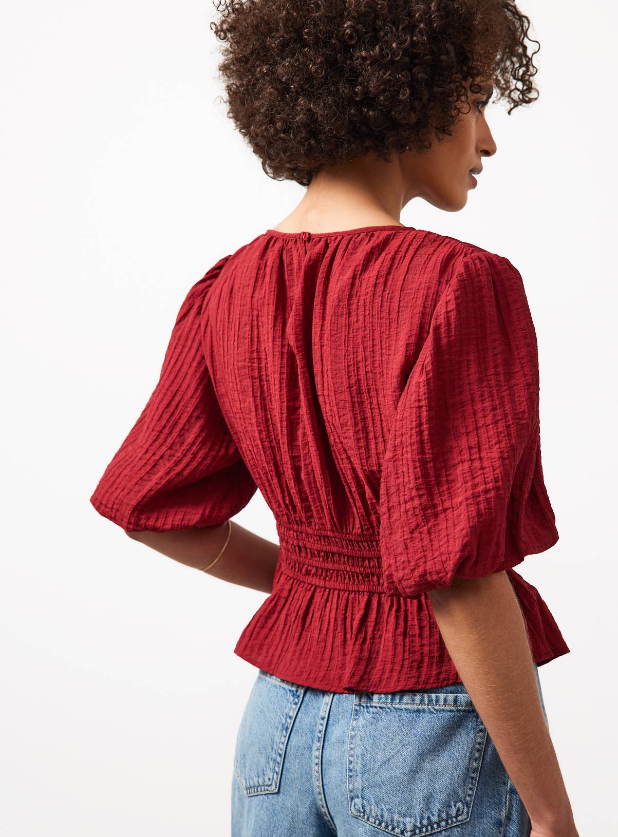 Dark Red Textured Waisted Short Sleeve Blouse 12 - Image 4